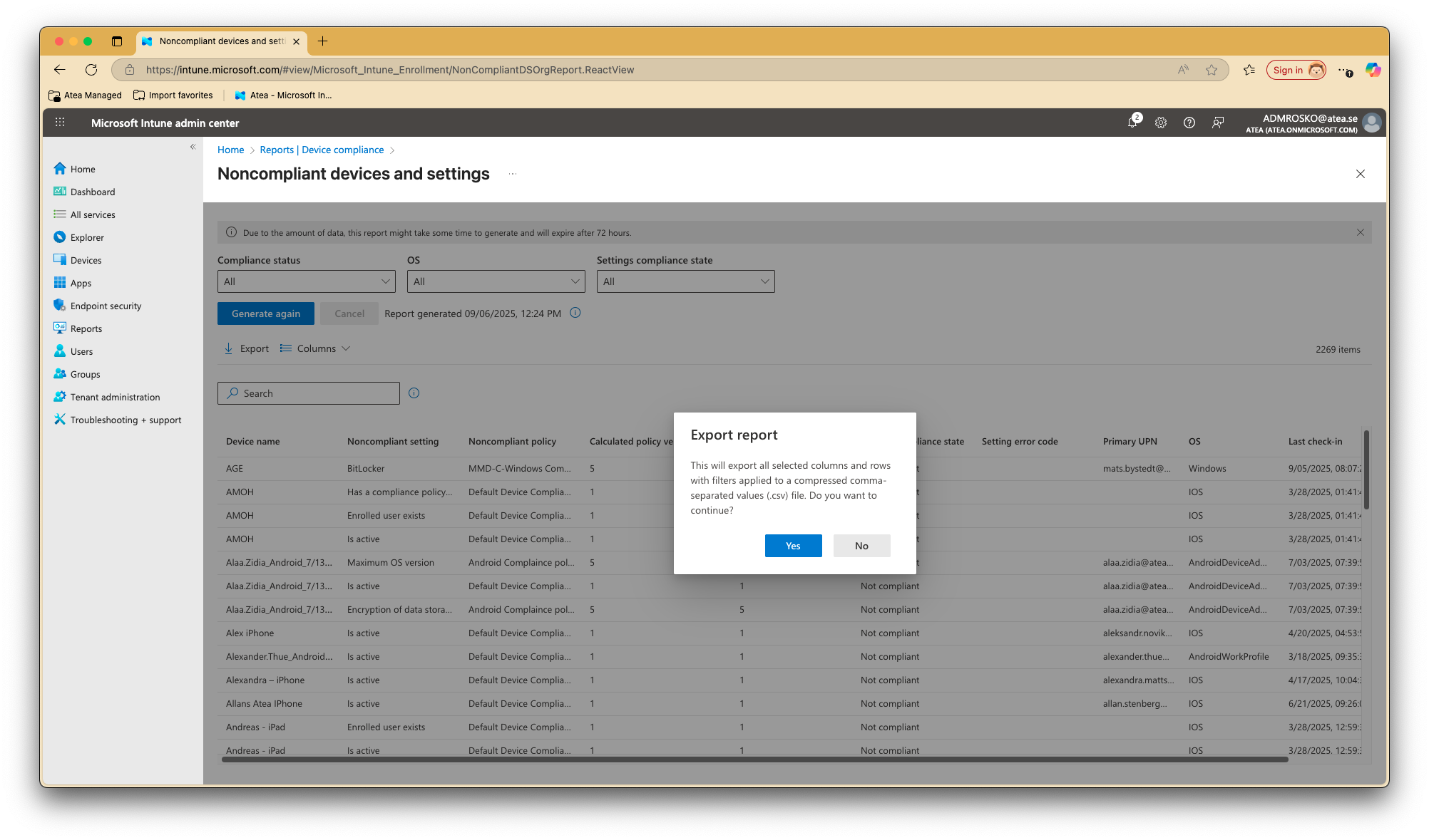 Compliance export screenshot