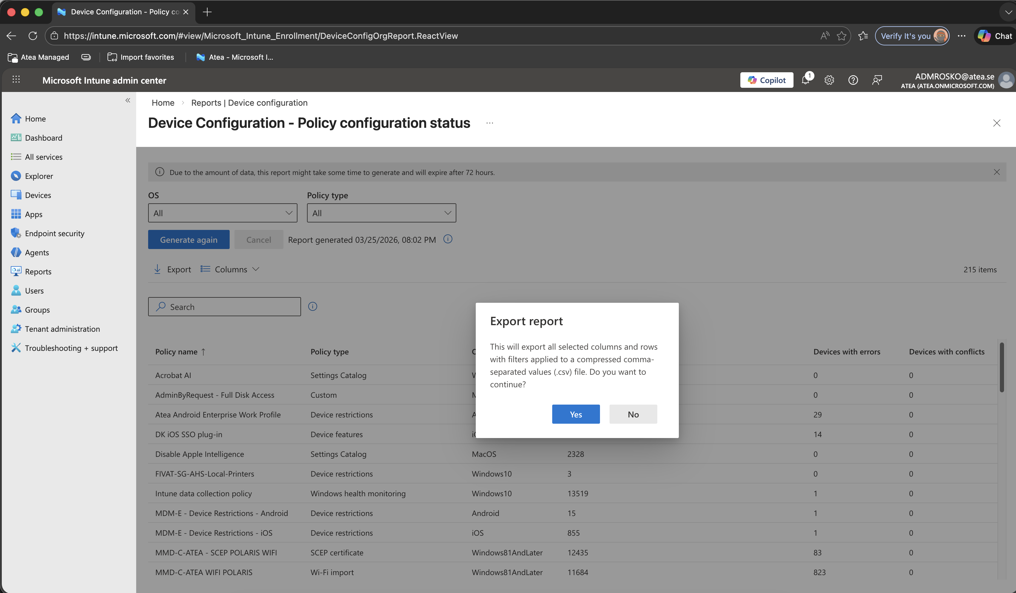 Device configuration status screenshot