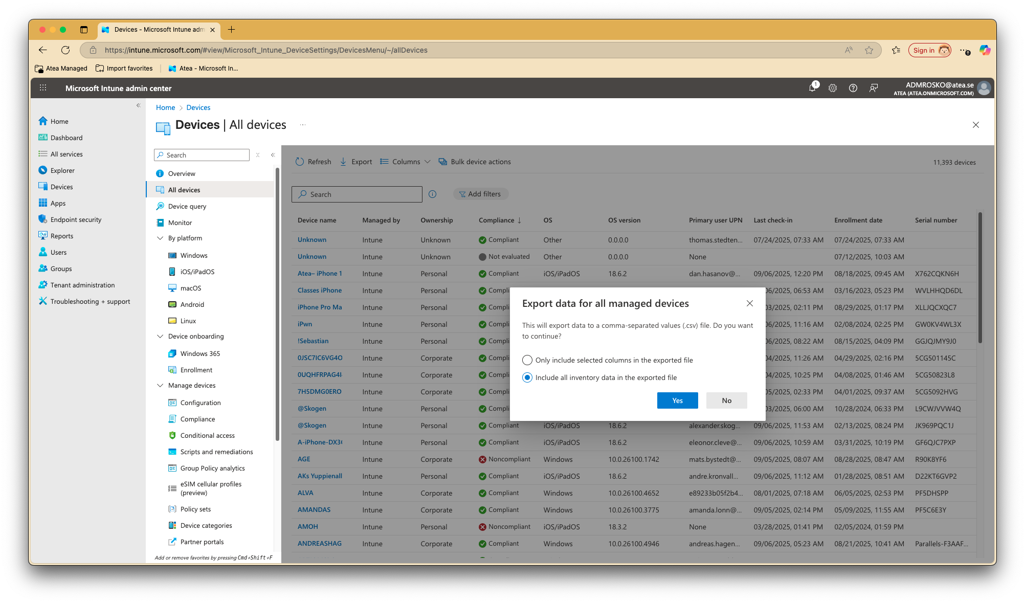 Devices export screenshot